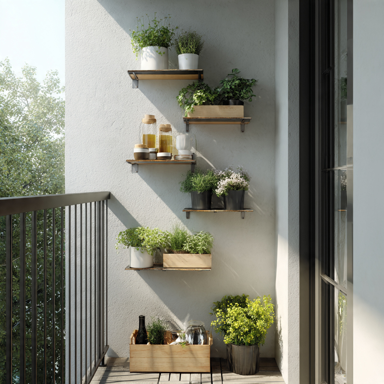 a tiny balcony with slim wall mounted shelves