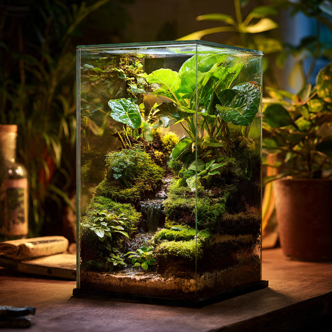 a tropical terrarium with lush broad leafed plants