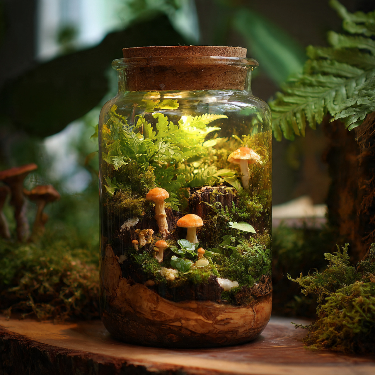 a woodland style terrarium with moss leaf litter