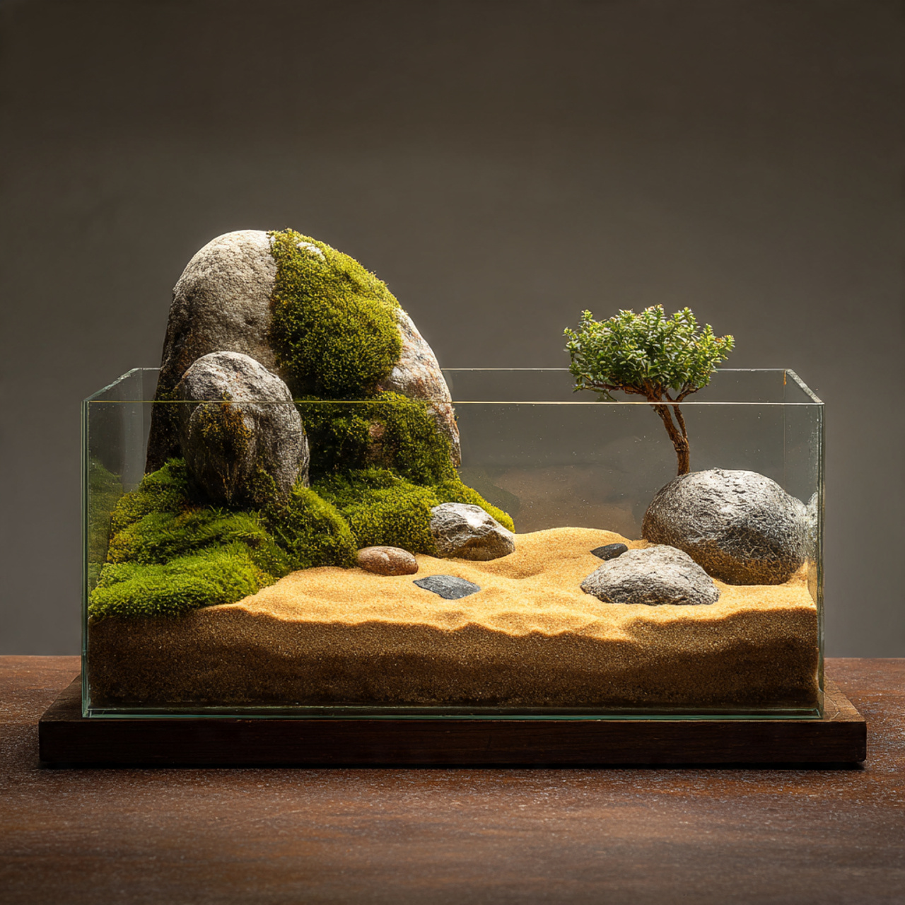 a zen style terrarium with minimal moss sand