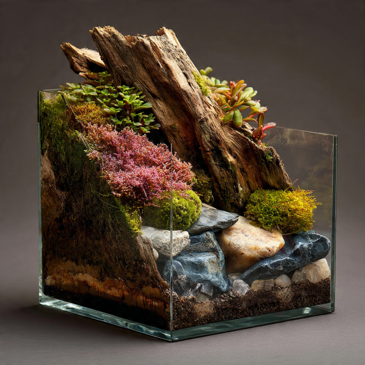an artistic terrarium with asymmetrical plant placement