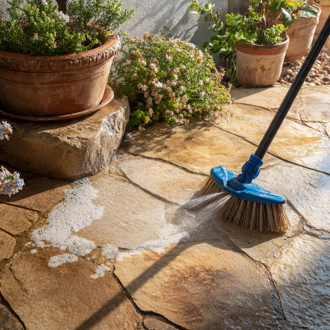 cleaning a flagstone patio by tools with