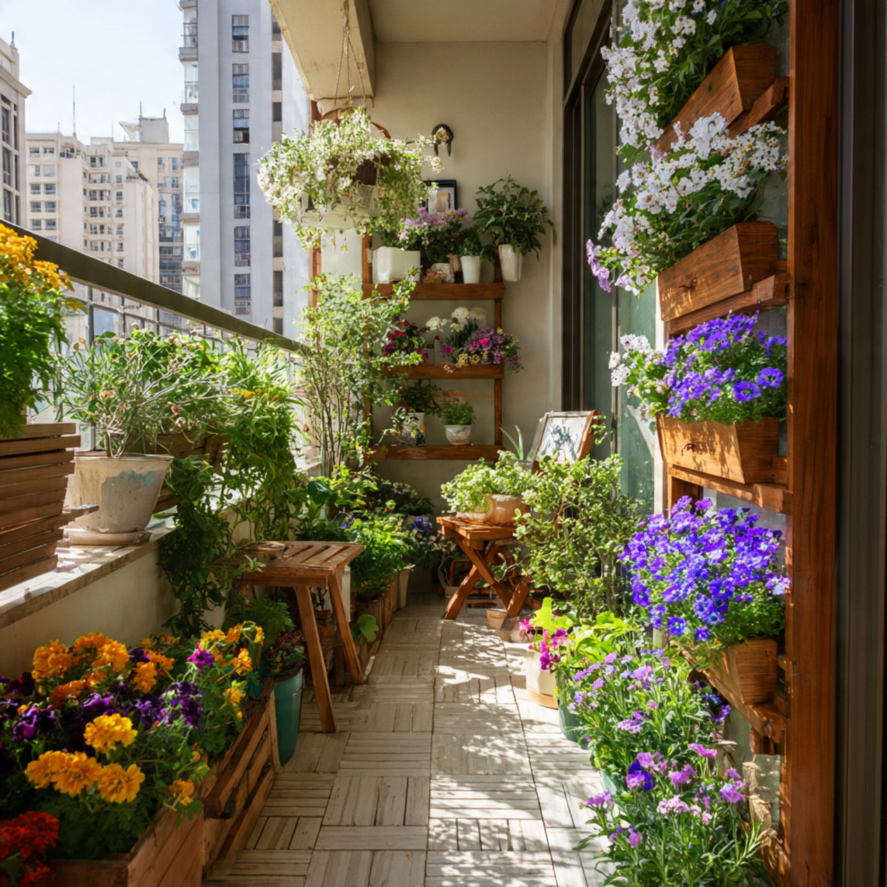 compact balcony garden with birth flowers in