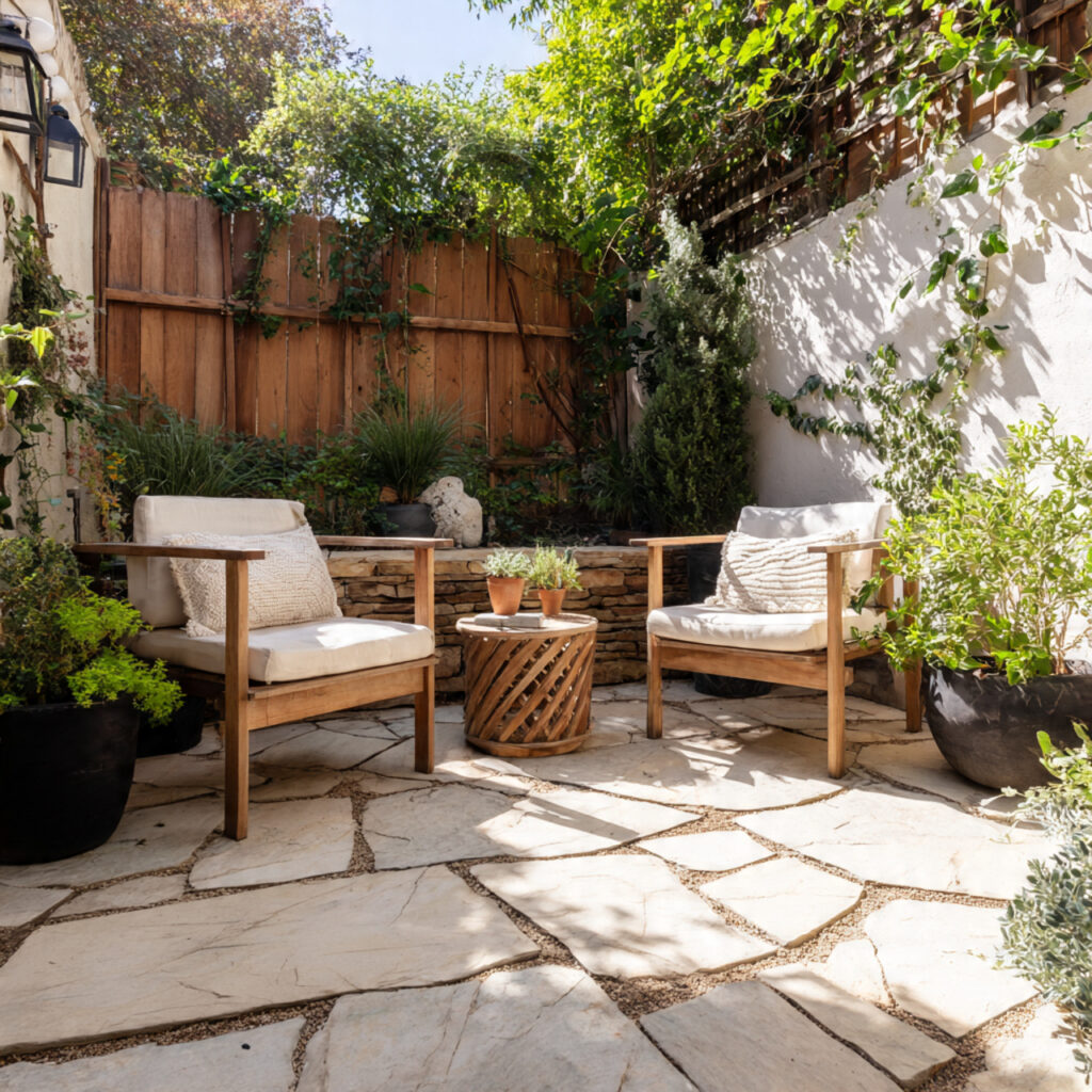 compact flagstone patio in a small backyard
