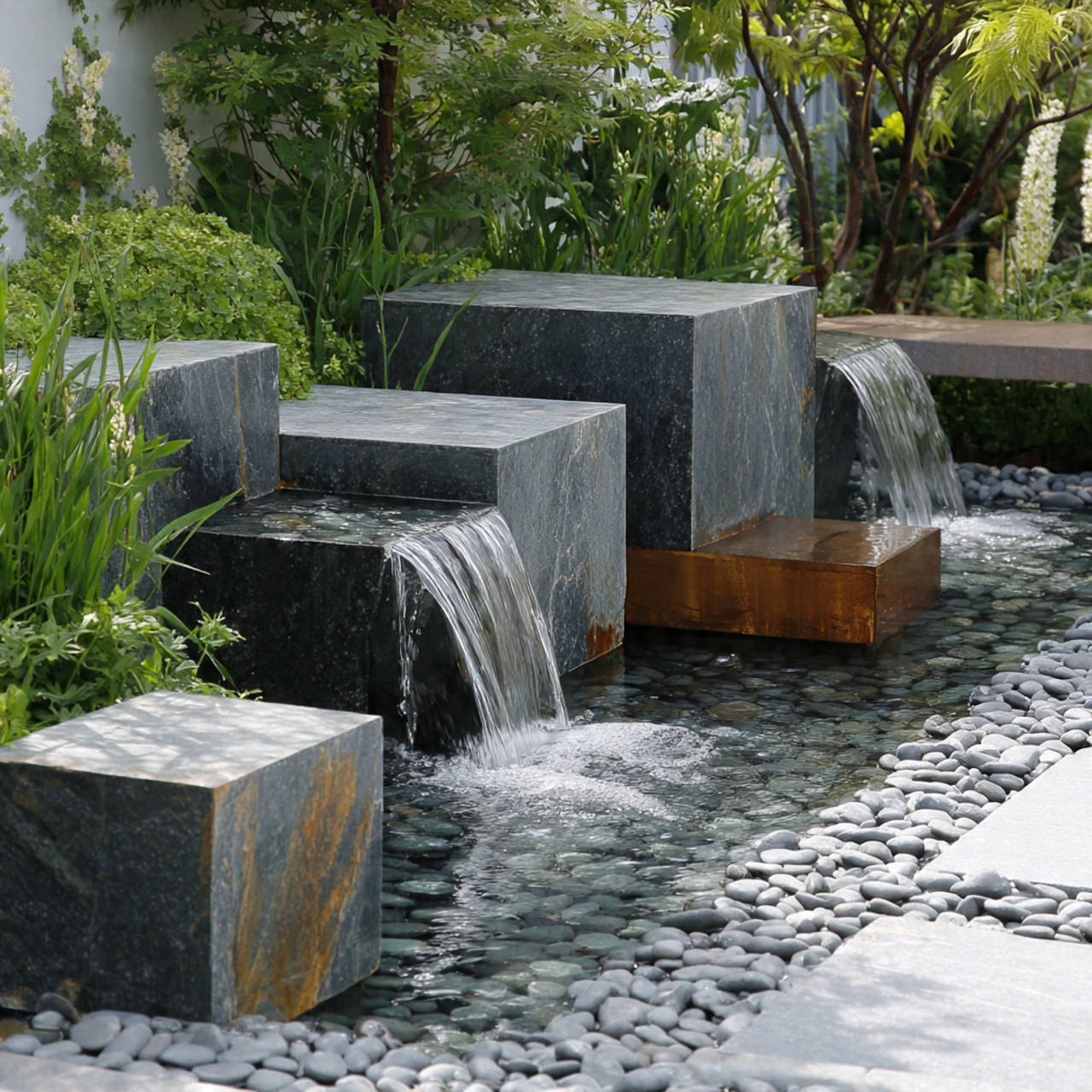 contemporary small garden waterfall with geometric shapes