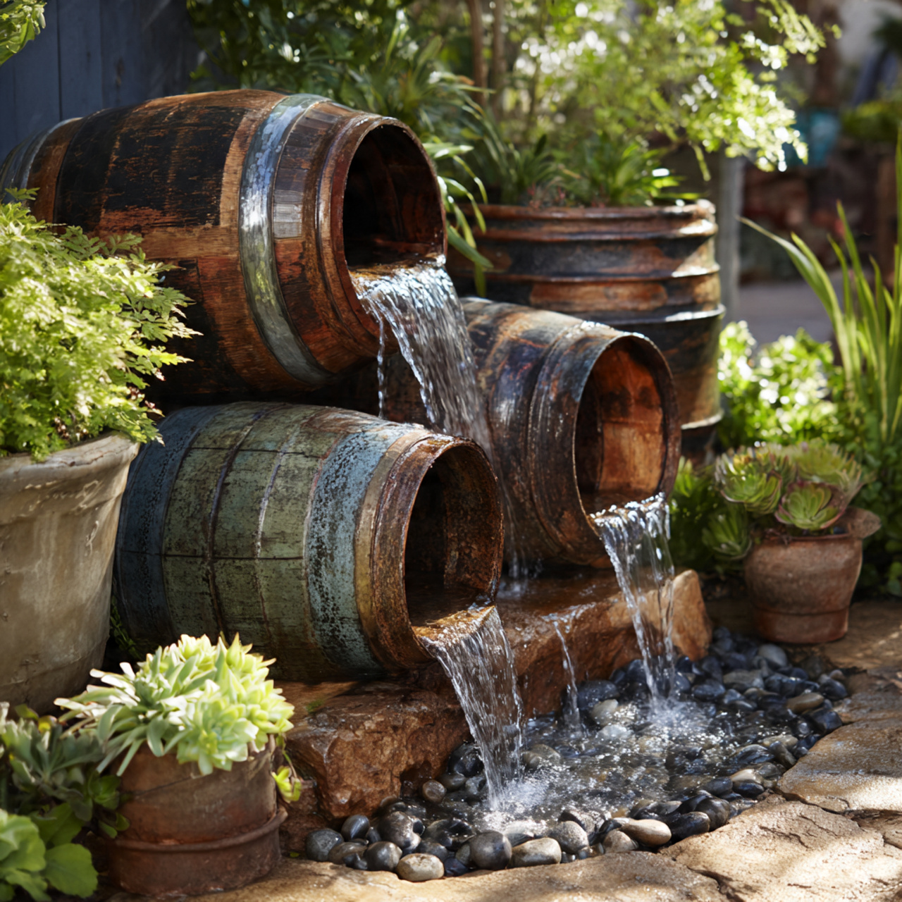 creative small garden waterfall made from repurposed
