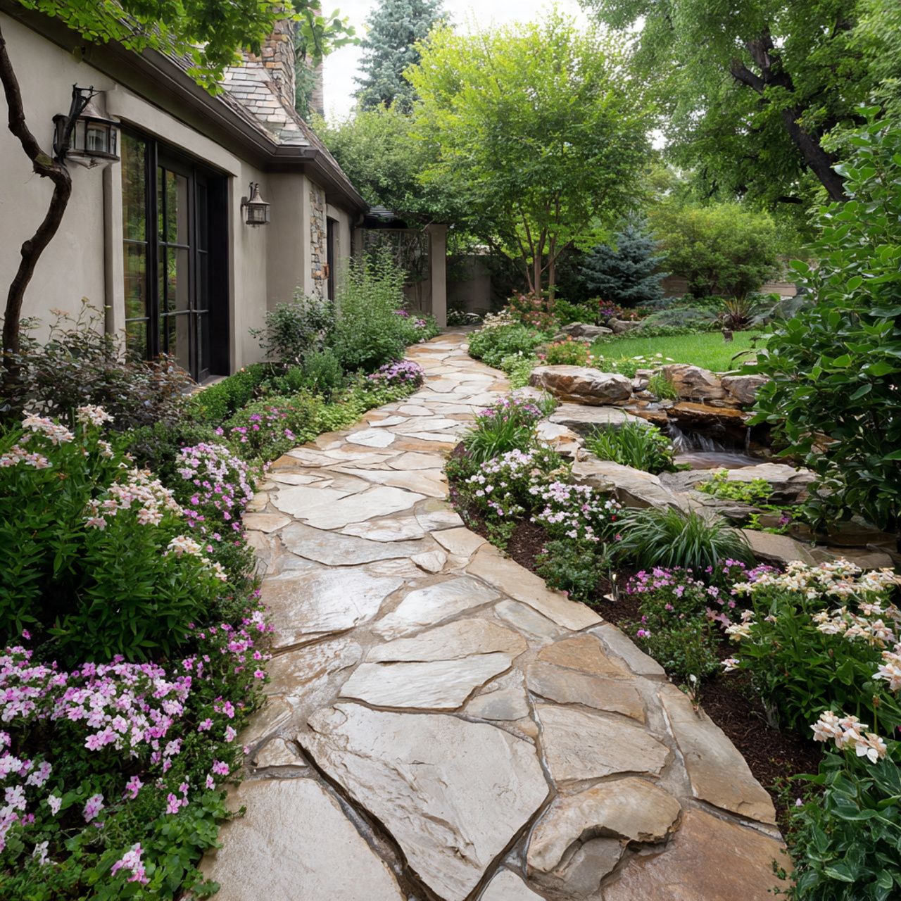 curved flagstone pathways leading from a patio