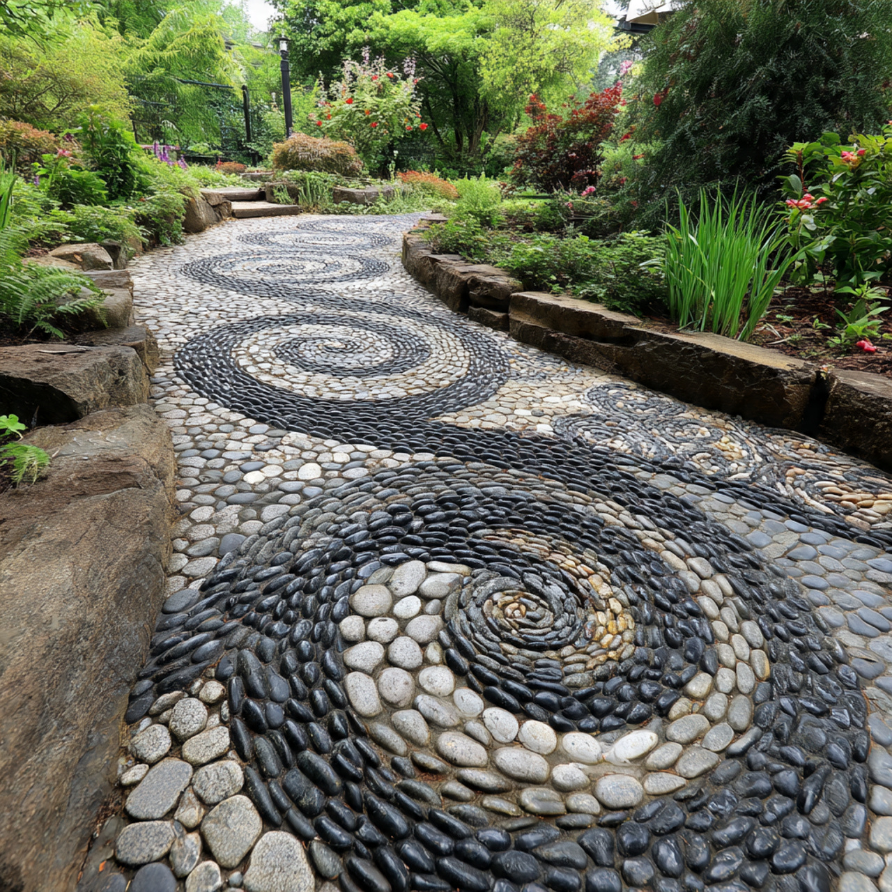 decorative pebble mosaic garden path with spirals