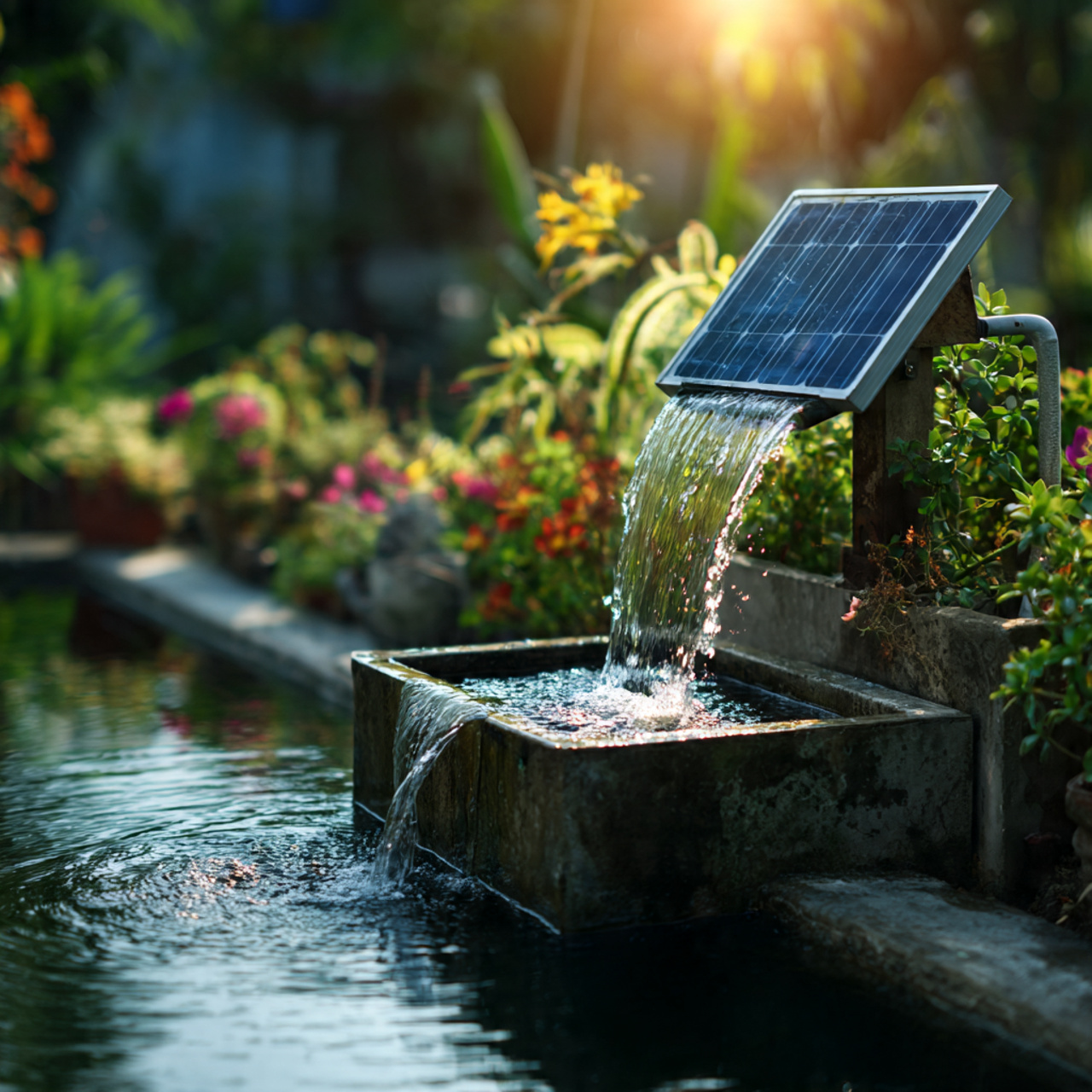 eco friendly small garden waterfall powered by solar