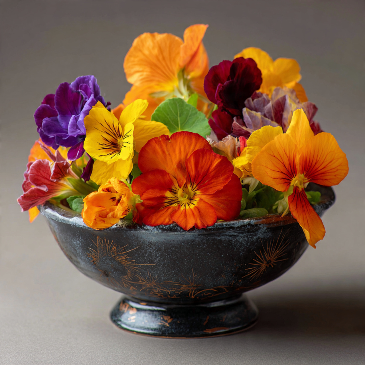 edible flower arrangement with pansies nasturtiums and