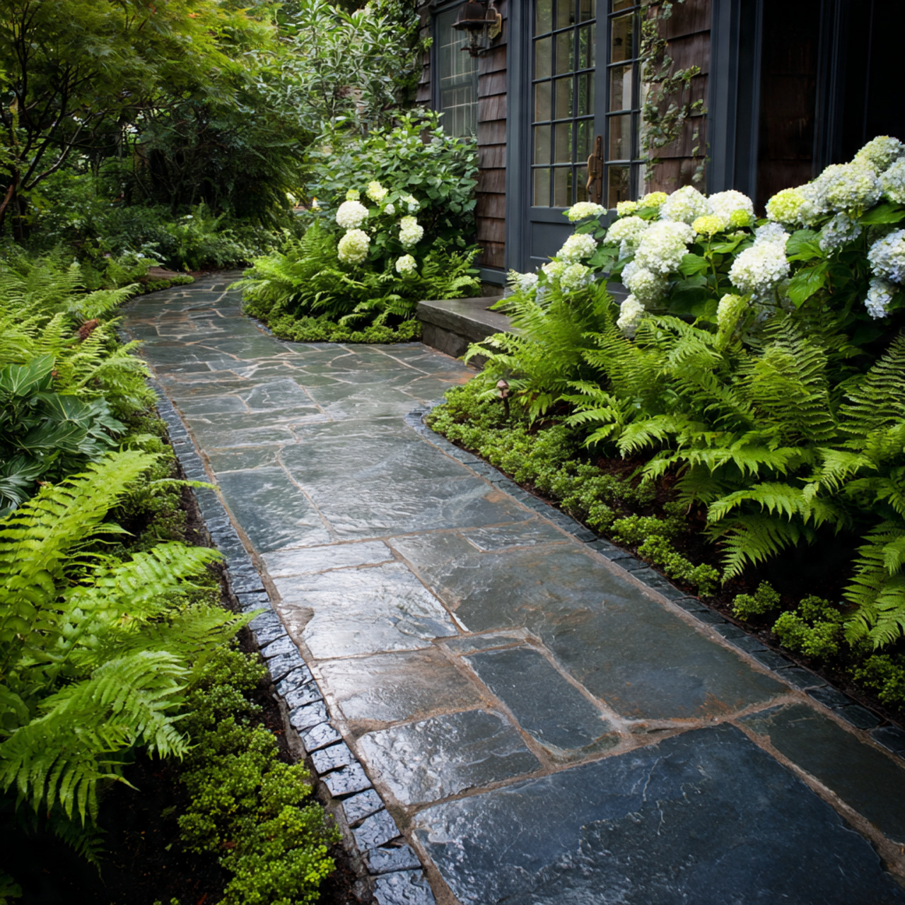 elegant slate walkway with deep blue gray stones