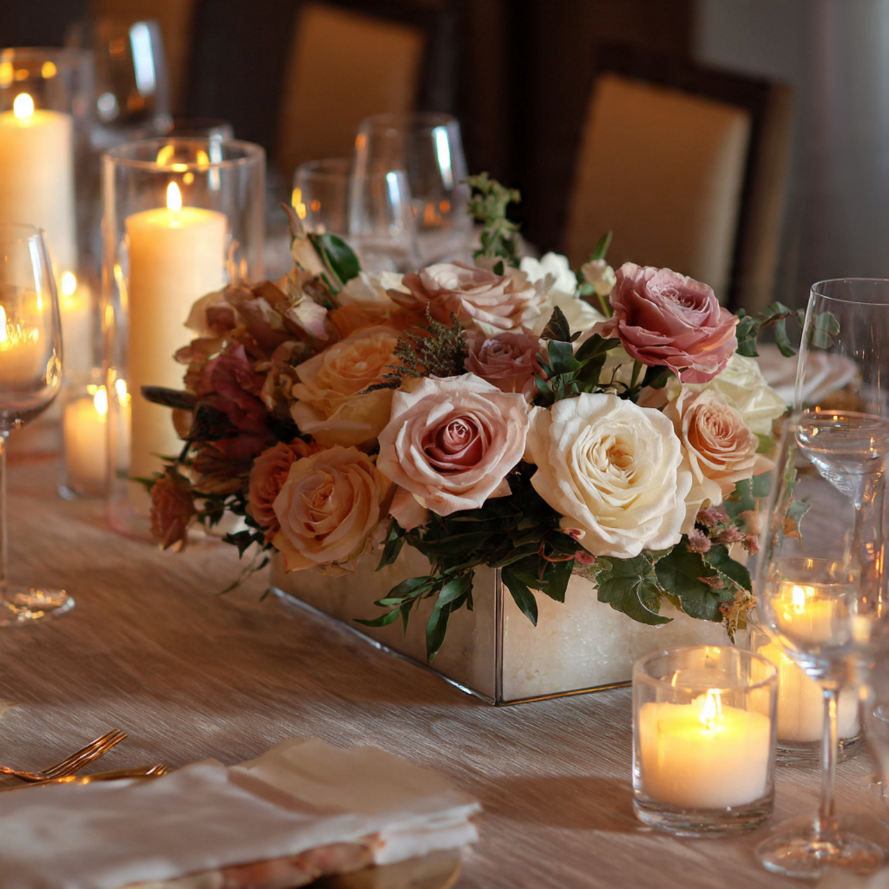 elegant tabletop floral centerpiece with roses and