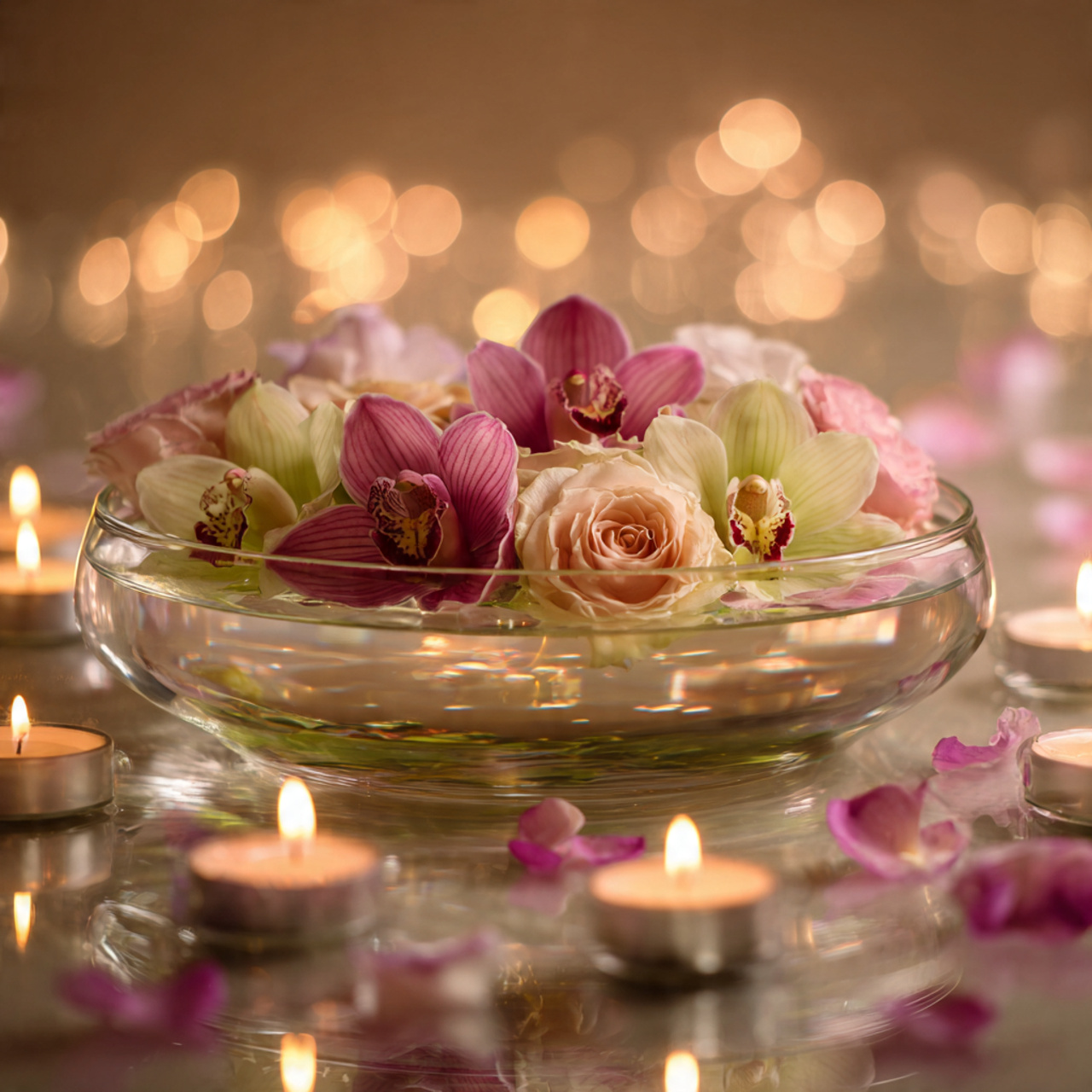 floating flower arrangement with orchids and roses