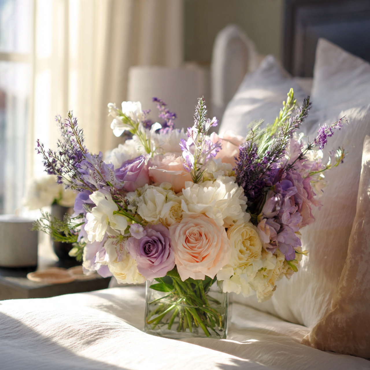 fragrant floral arrangement with lavender gardenias and