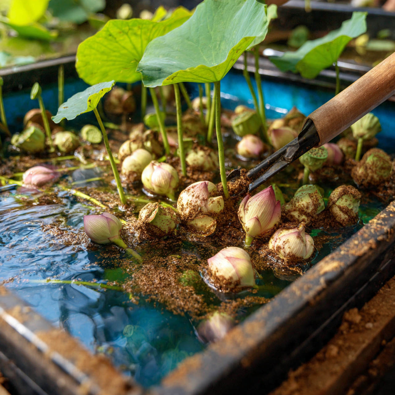fresh lotus tubers being planted by tools 1