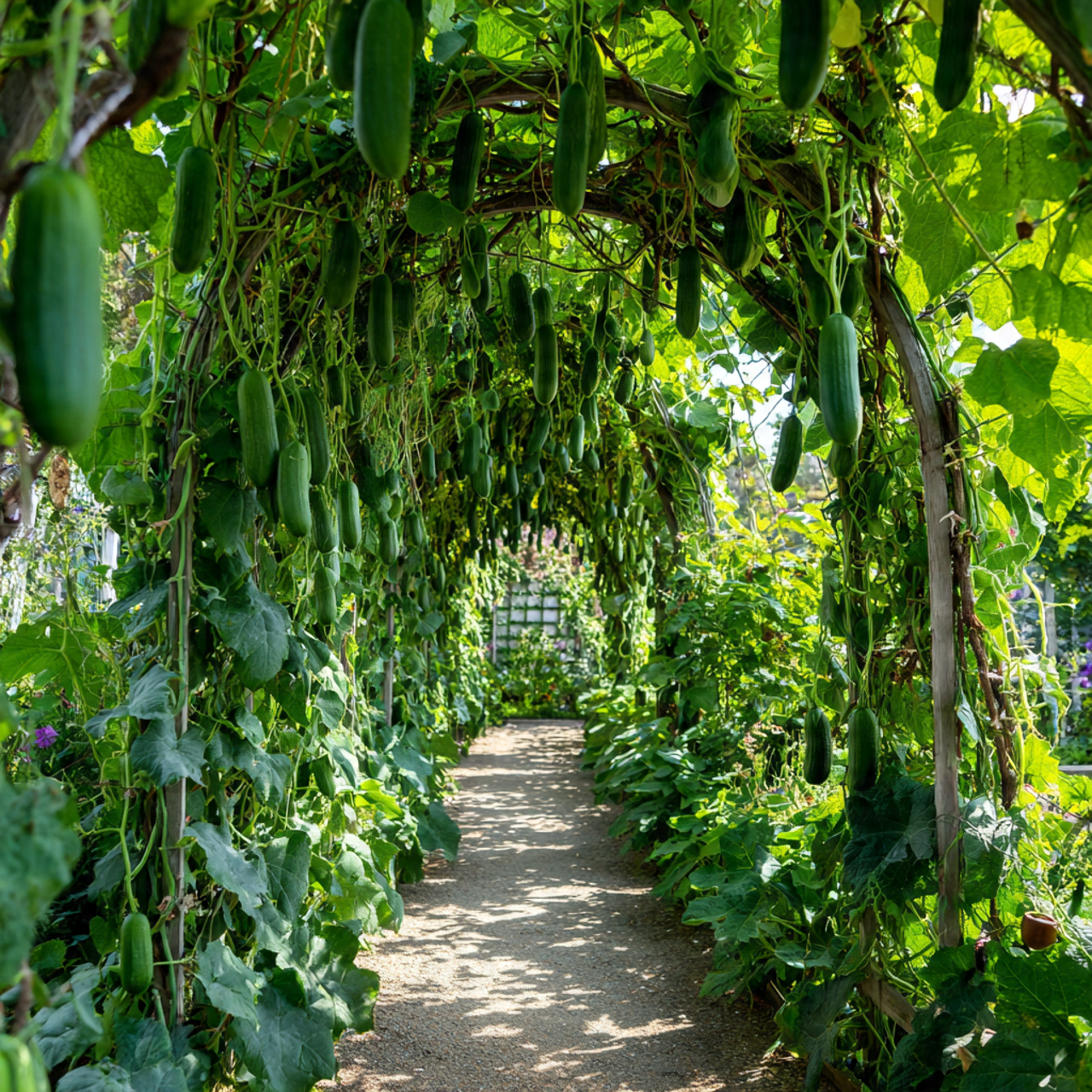 full garden archway trellis covered with cucumber