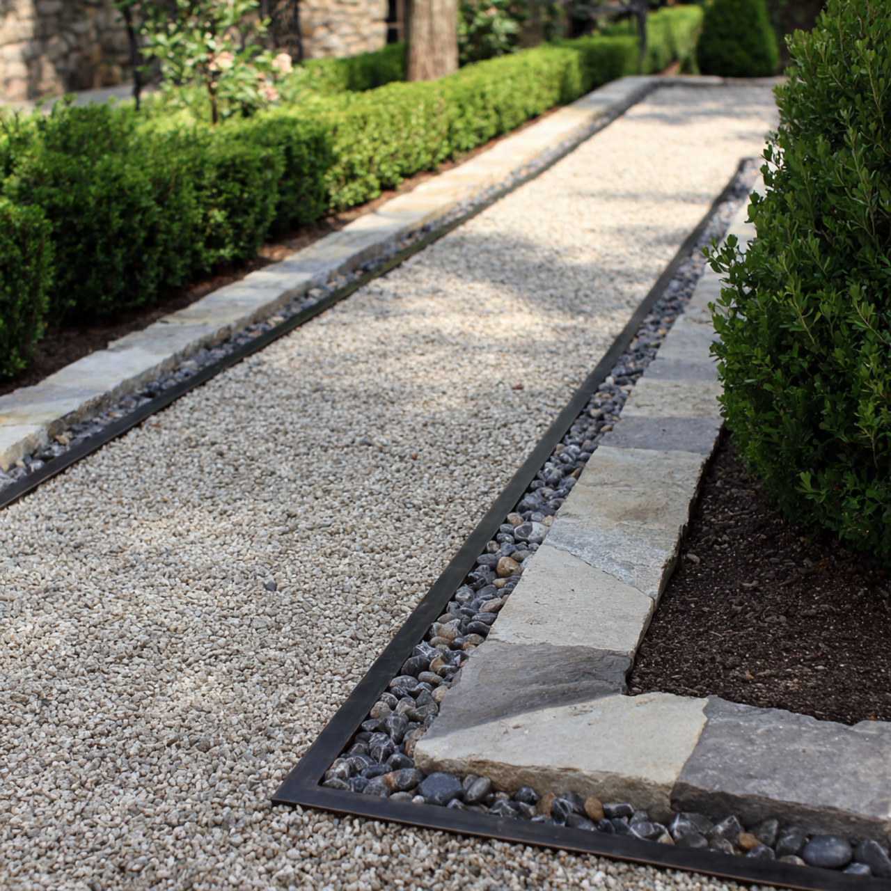 garden path with clean stone and metal