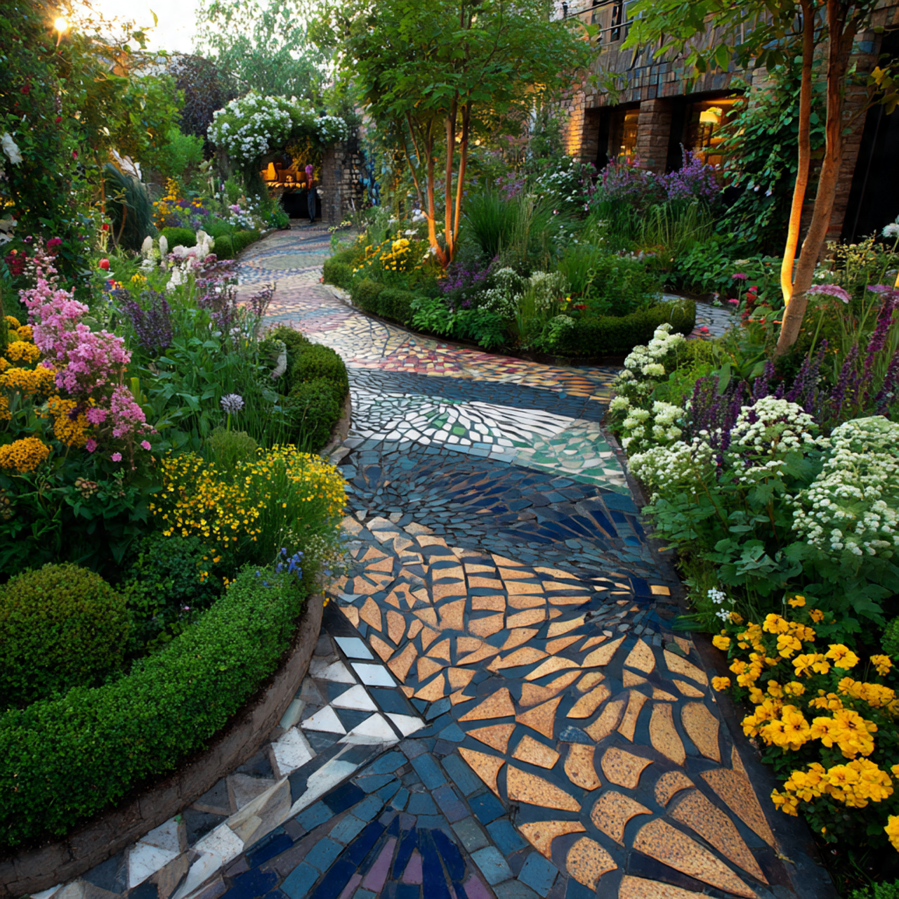 garden path with colorful patterned pavers arranged 1