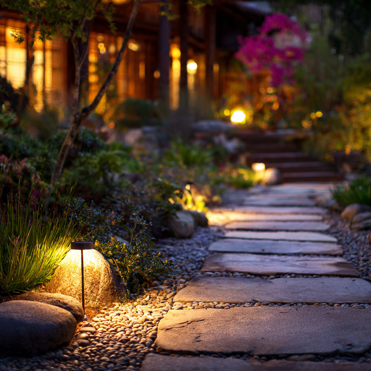garden walkway illuminated by soft led path