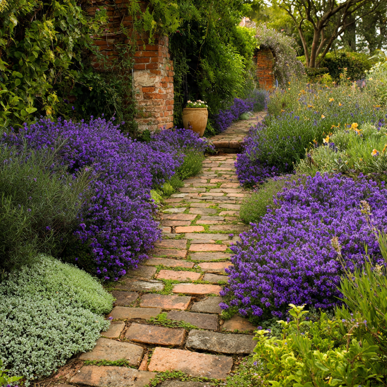 garden walkway lined with lavender rosemary and