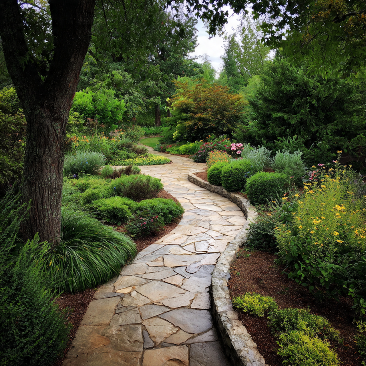 gently curved garden walkway made of stone