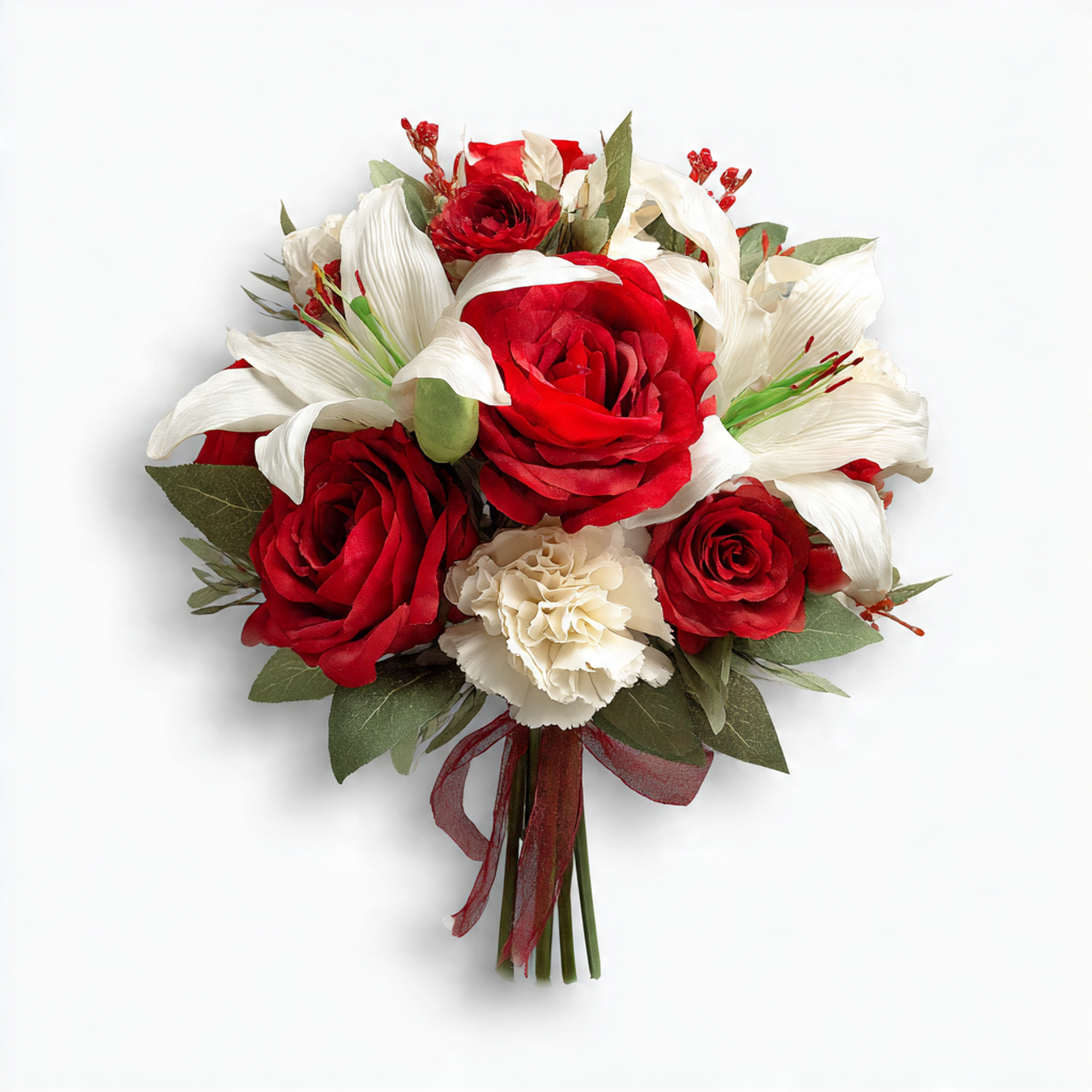 handheld bouquet arrangement with red roses white