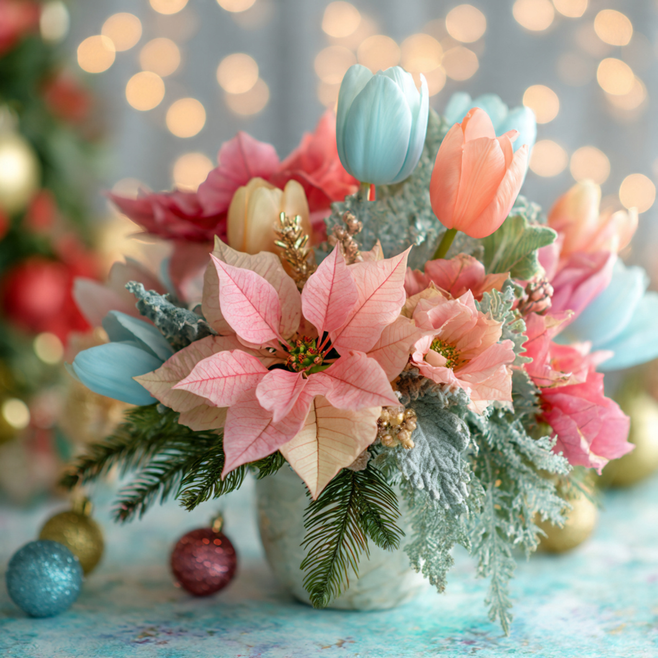 holiday floral arrangement with christmas poinsettias and