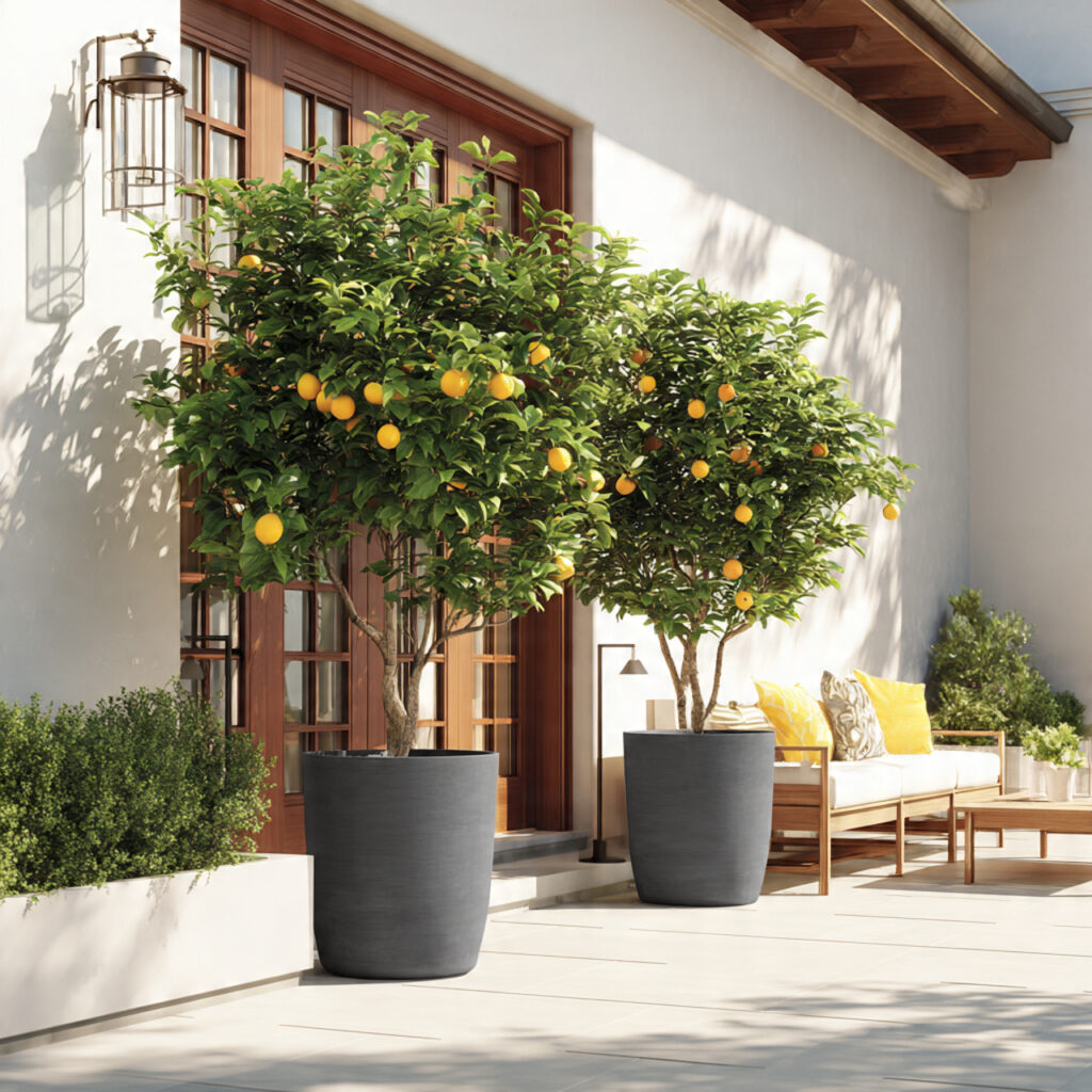 25 Home Garden Ideas to Transform Your Space into a Lush Retreat 14 large patio pots with dwarf lemon orange