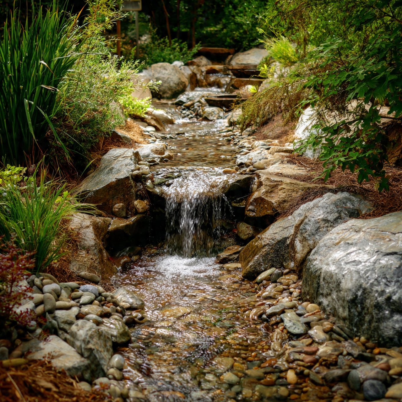 mini garden stream waterfall water flowing over