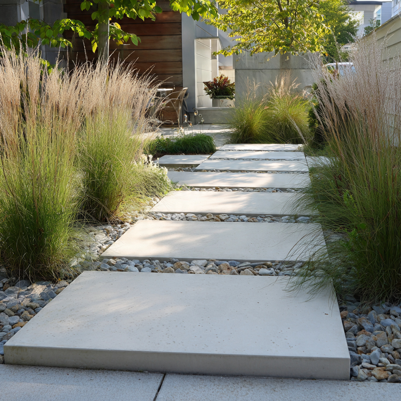 minimalist concrete walkway with large matte slabs