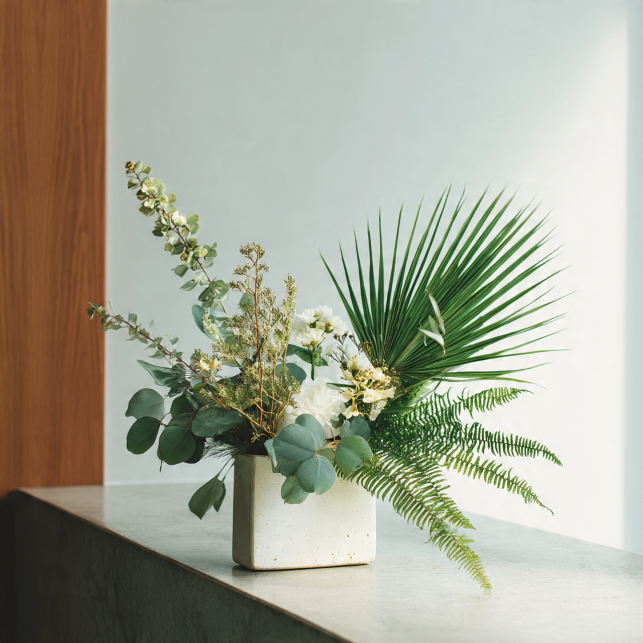 minimalist floral arrangement focusing on eucalyptus ferns