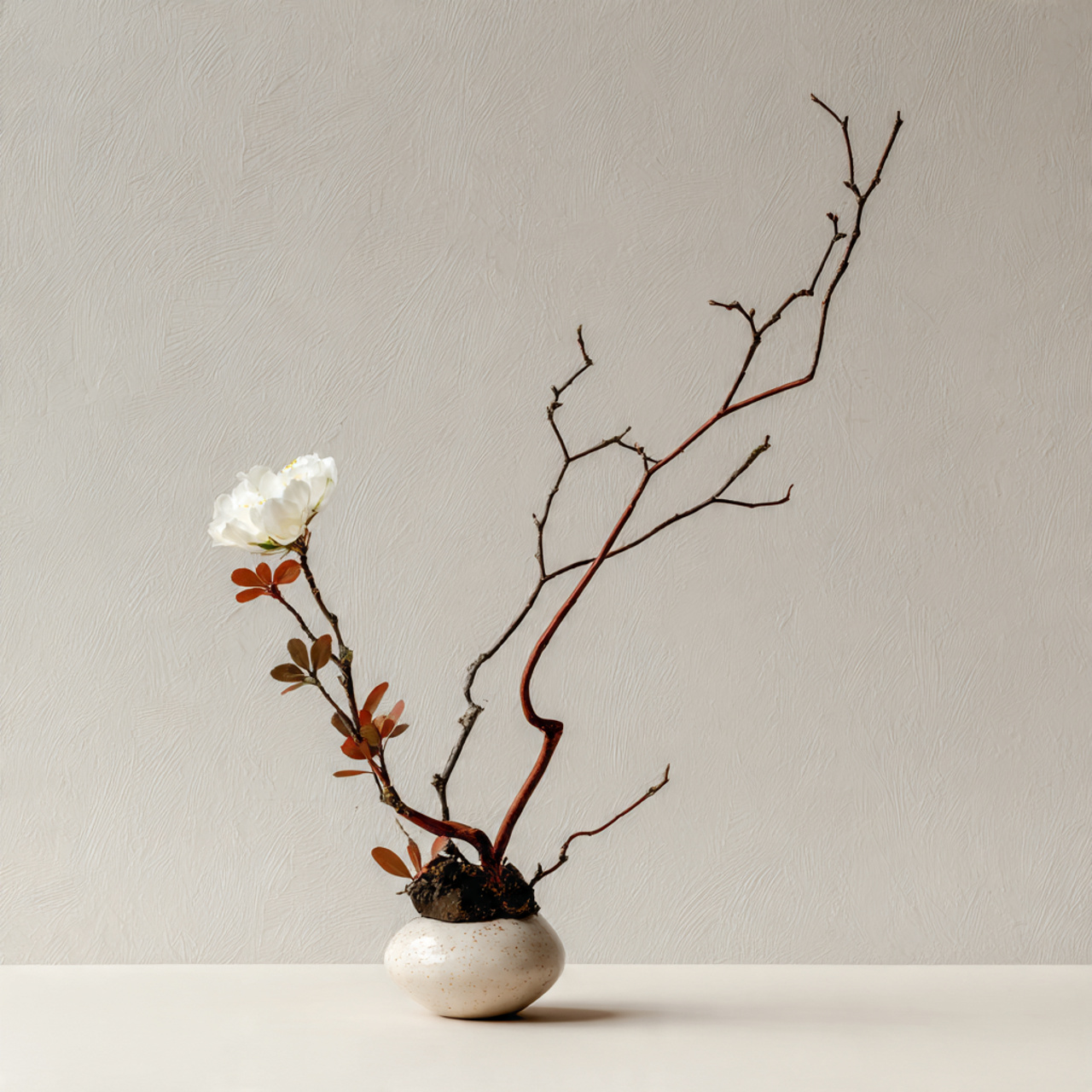 minimalist ikebana inspired floral arrangement with carefully placed