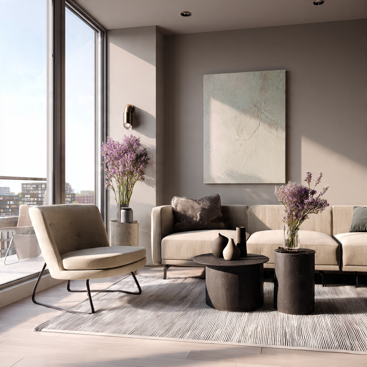 minimalist modern living space featuring birth flowers