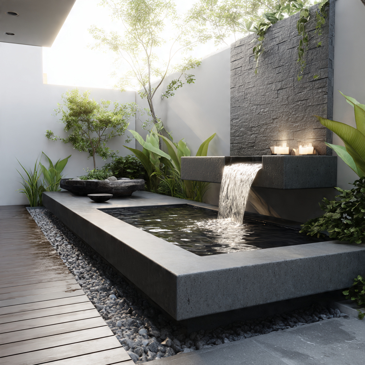 minimalist small garden waterfall over flat concrete