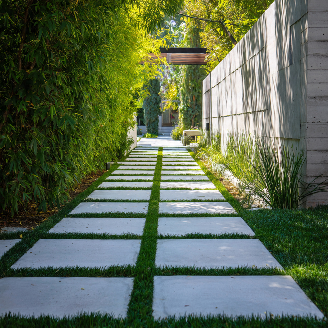 modern garden path using square concrete pavers