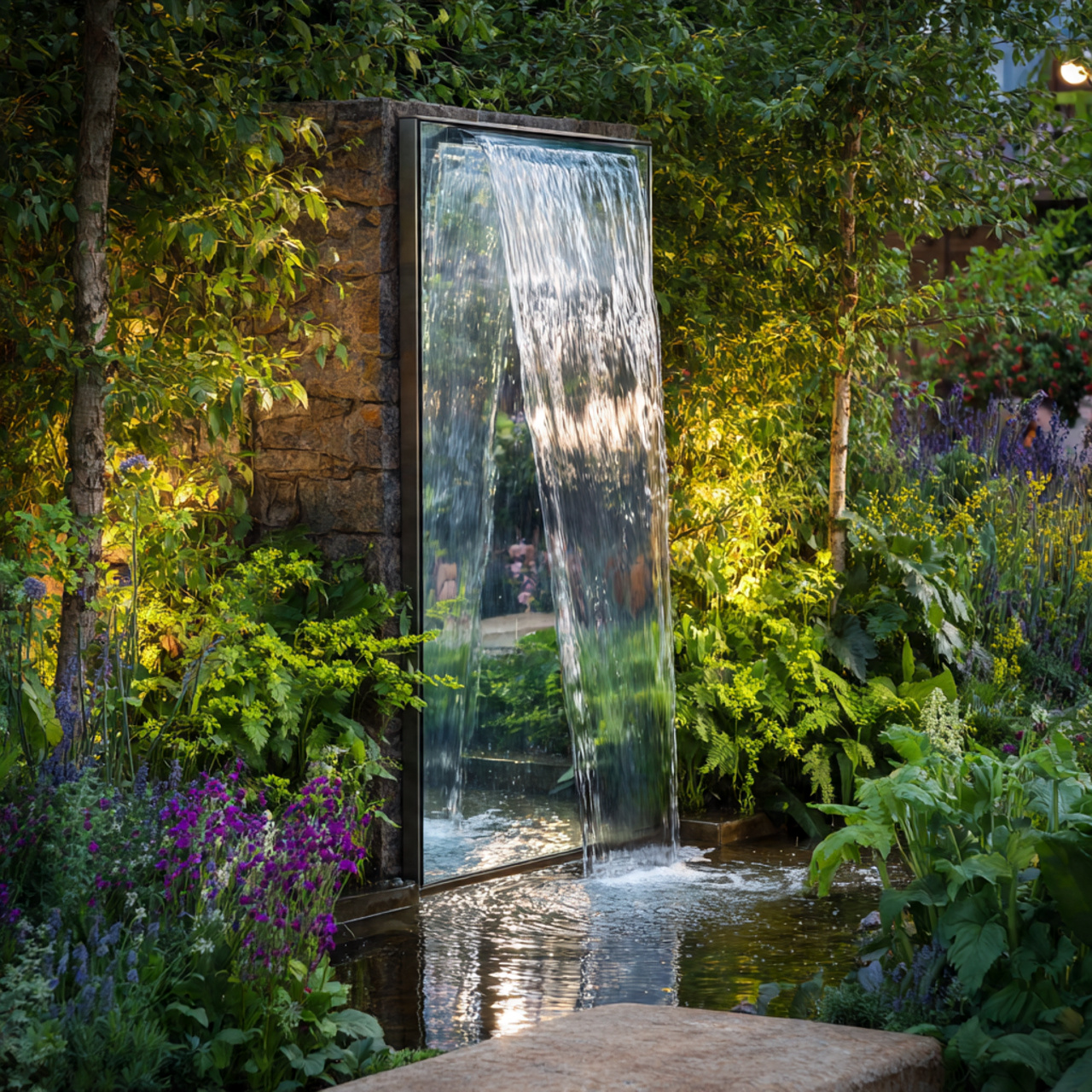 modern glass panel waterfall in a small