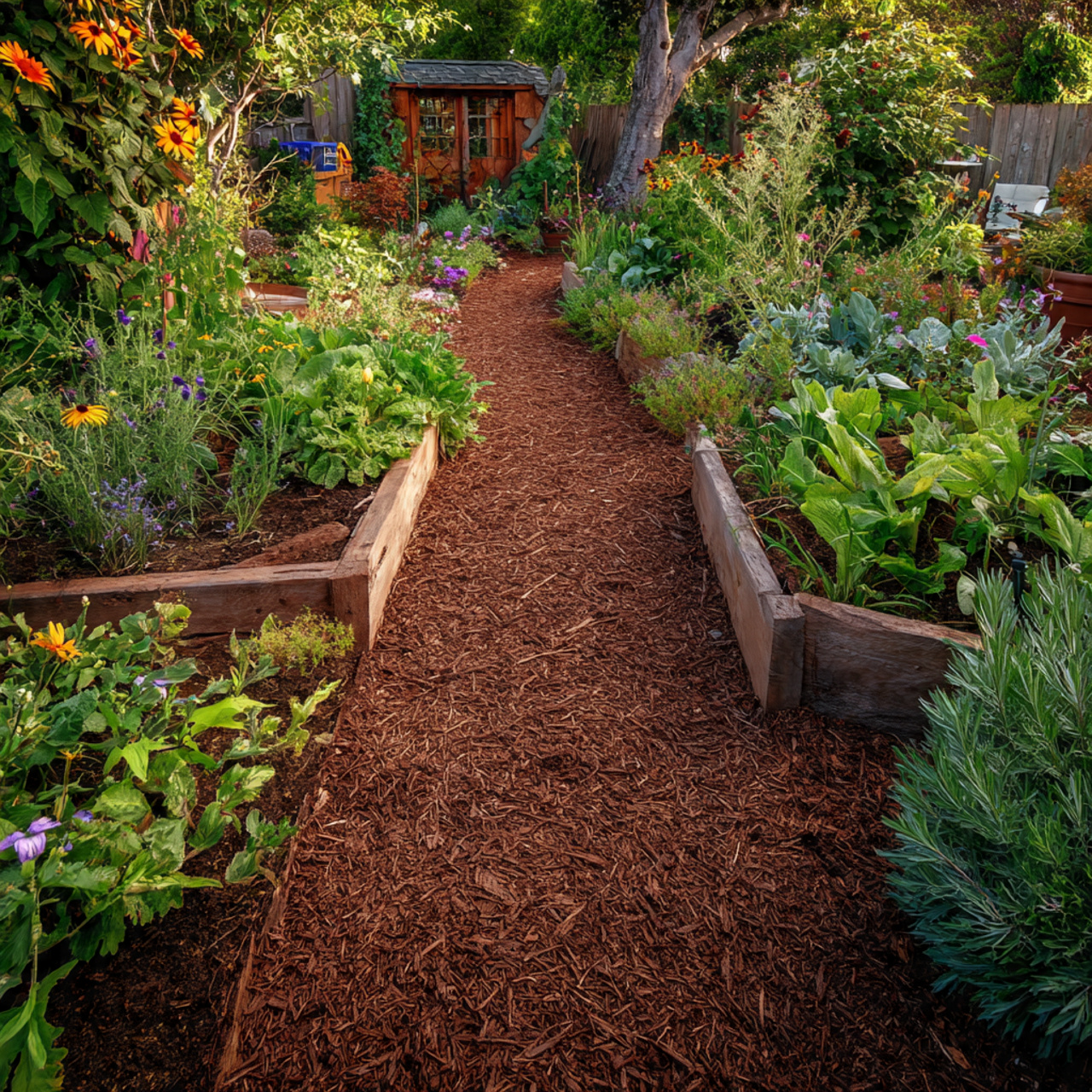 mulch garden path with rich brown tones