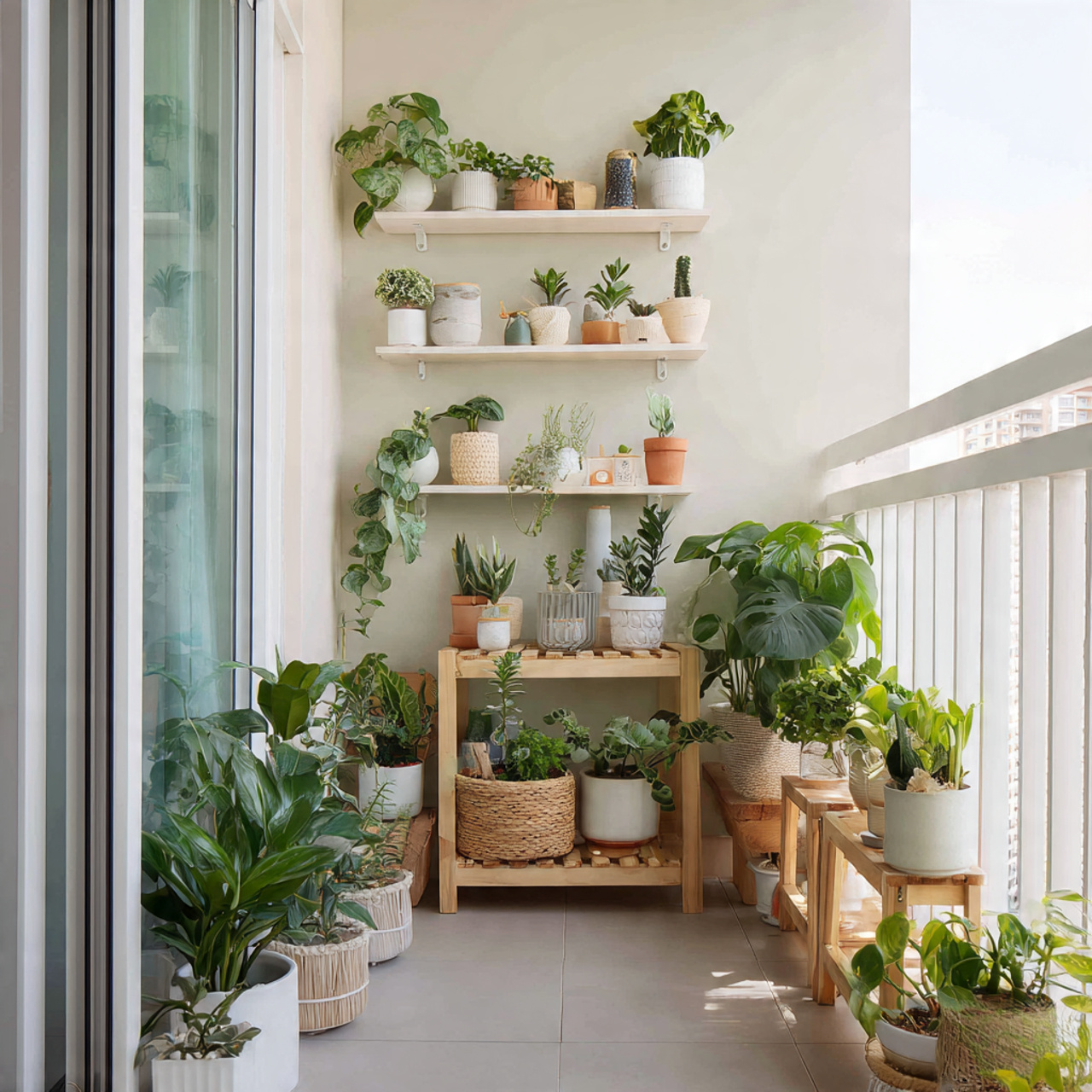 multiple potted plants grouped together on a