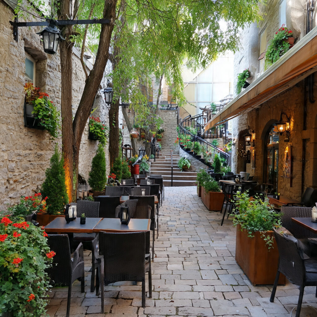 outdoor seating area of a cafe or