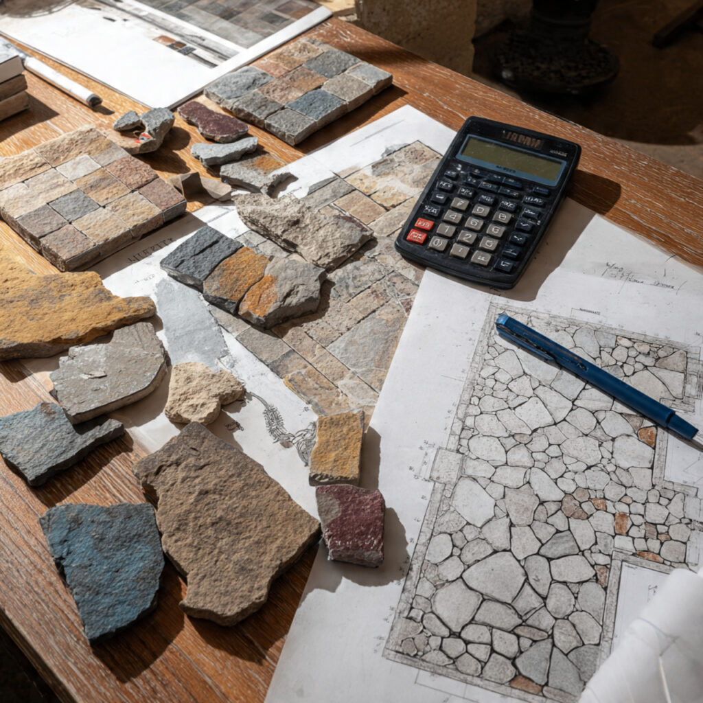 planning a flagstone patio reviewing stone samples