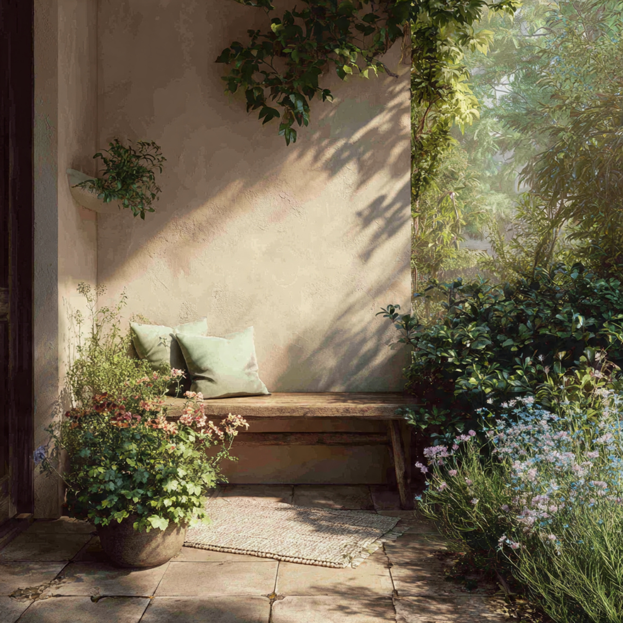 quiet garden corner with birth flowers meditation