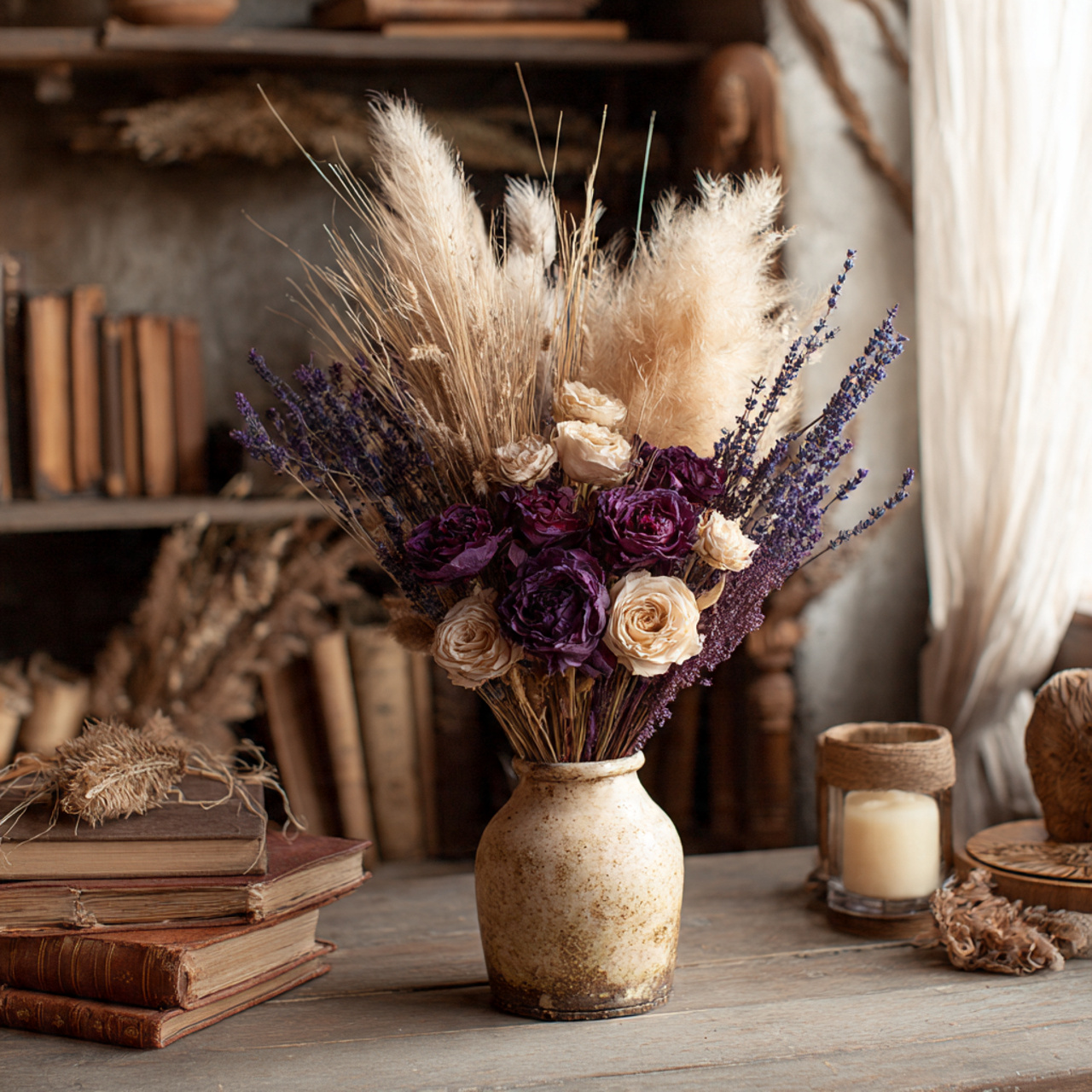 rustic dried flower arrangement with pampas grass