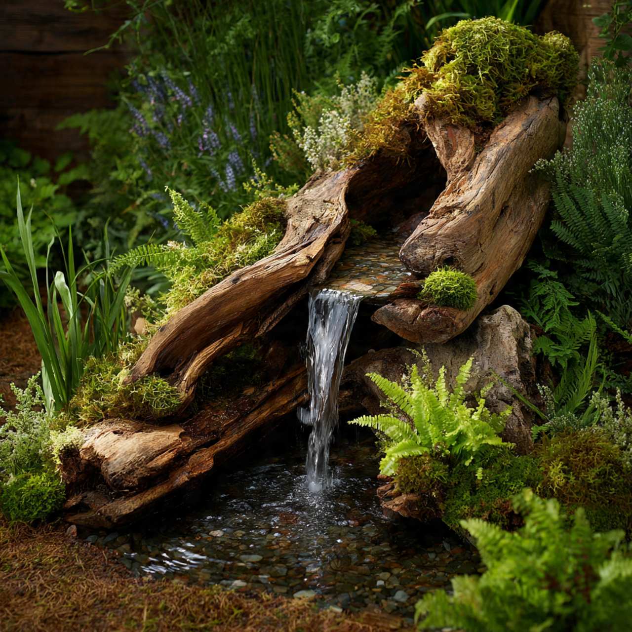 rustic small garden waterfall made of natural