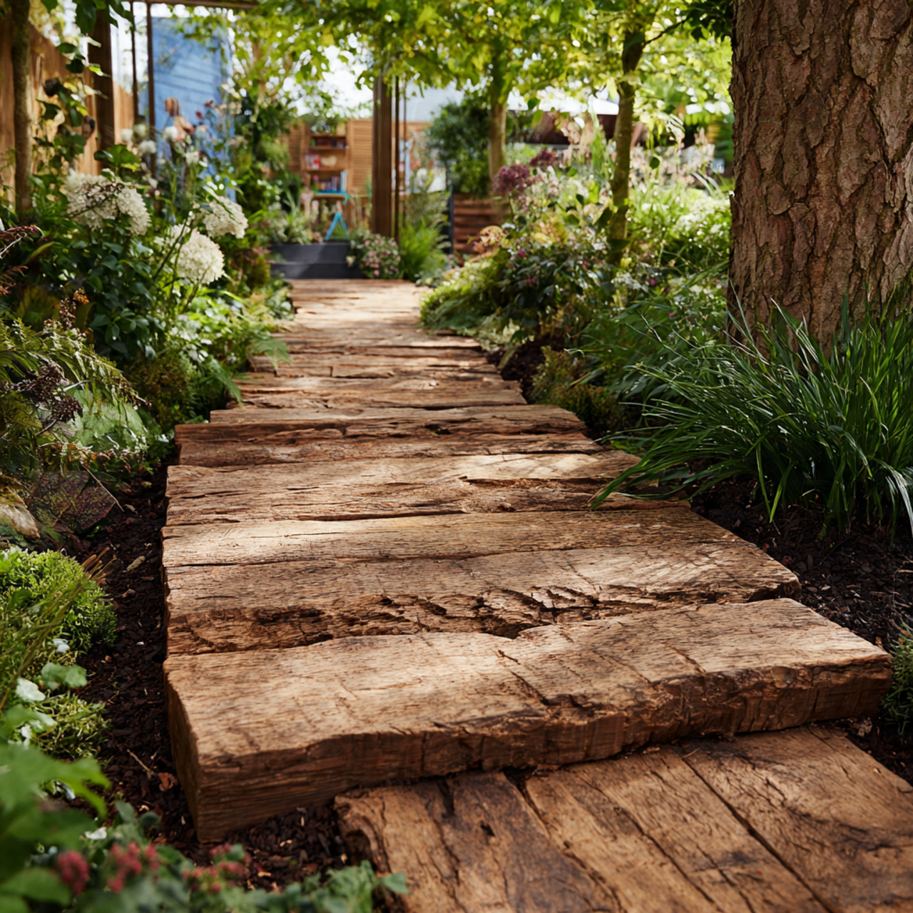 rustic wooden timber path with earthy tones