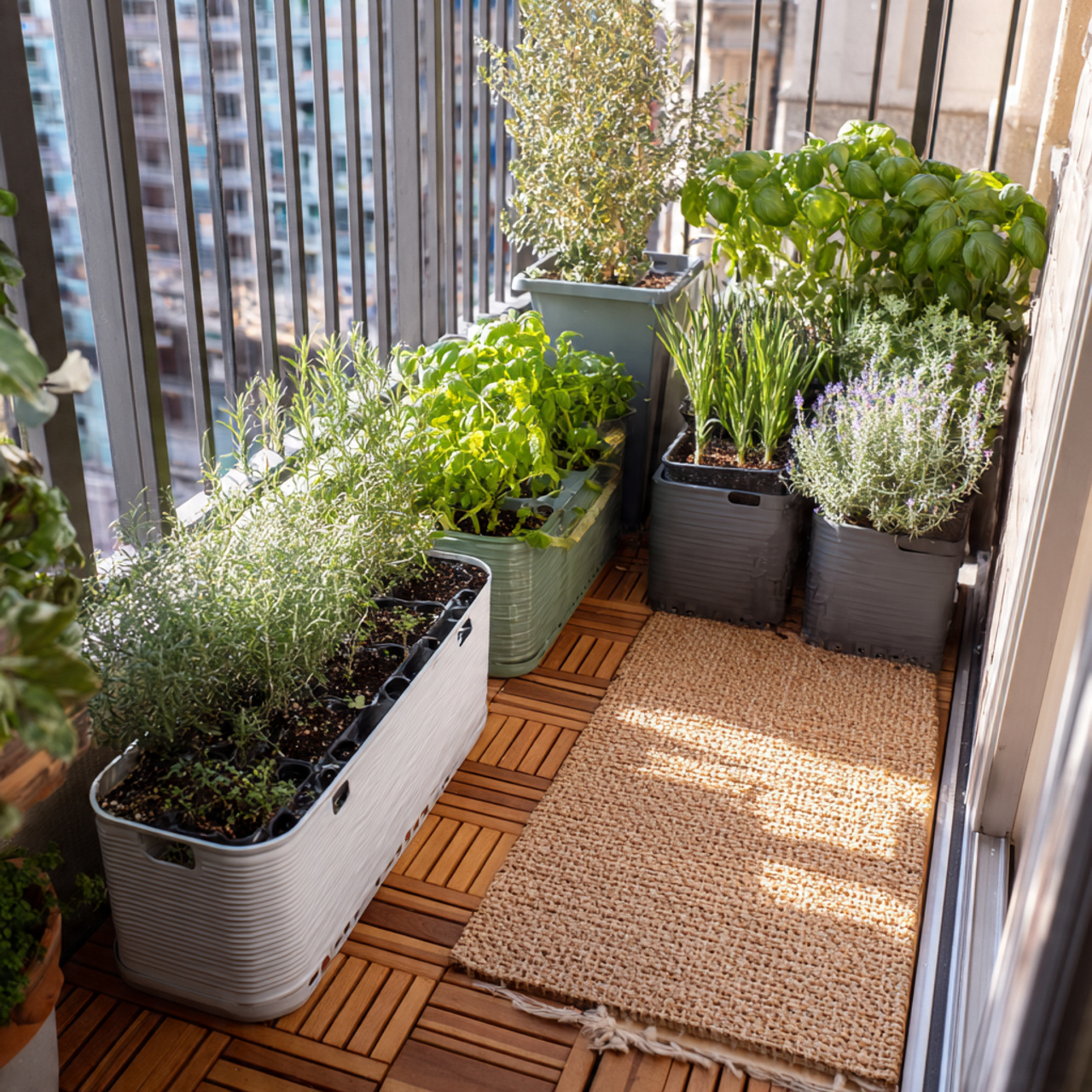 small balcony garden with self watering pots filled