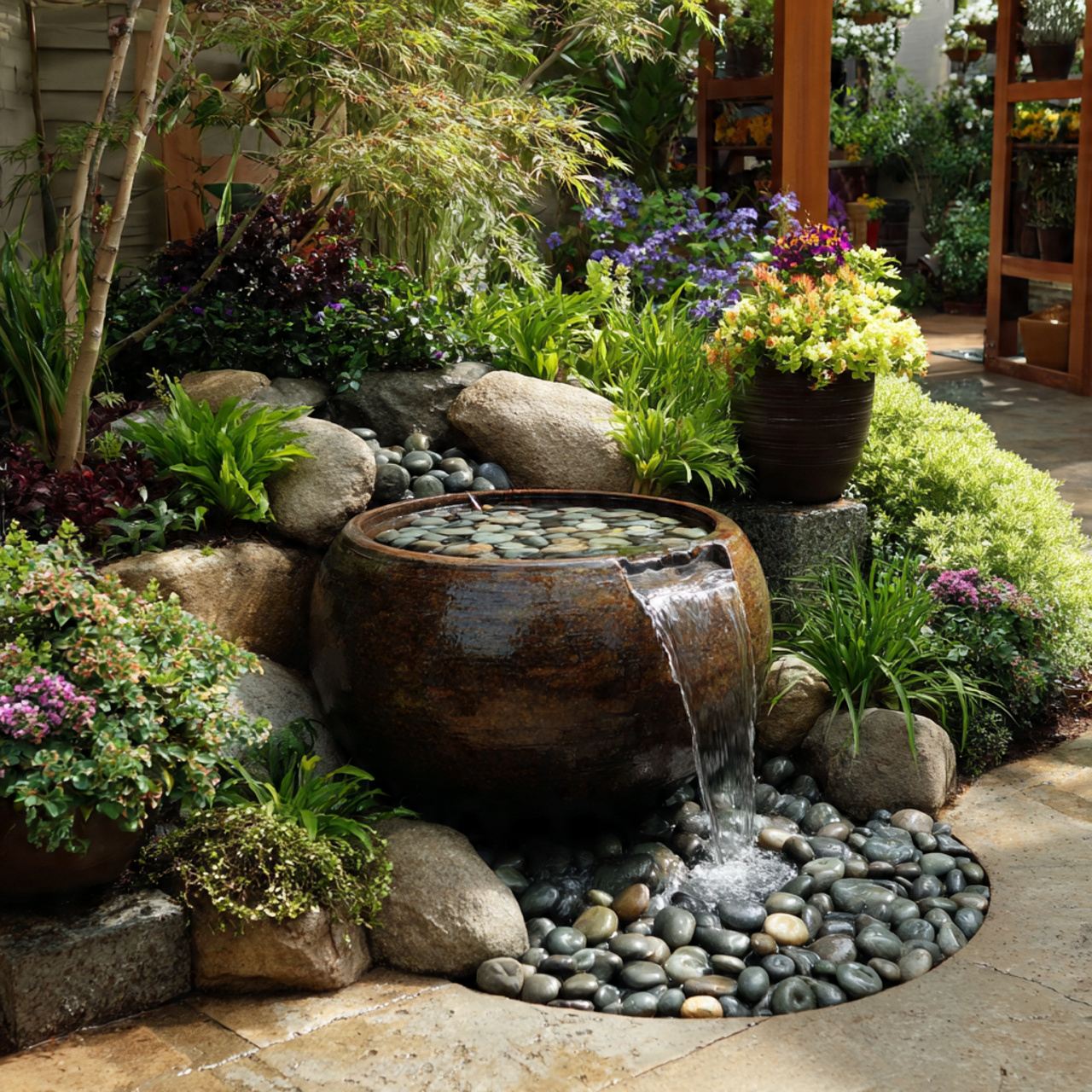 small container waterfall in a patio garden
