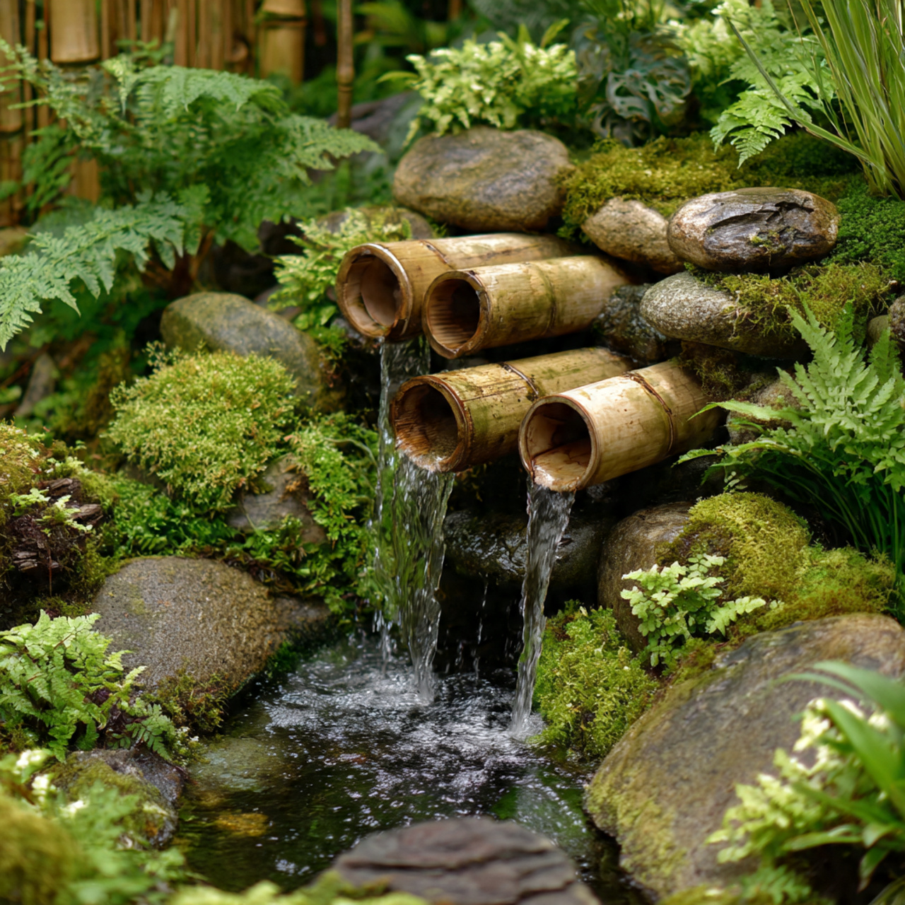 small garden waterfall combining bamboo tubes and