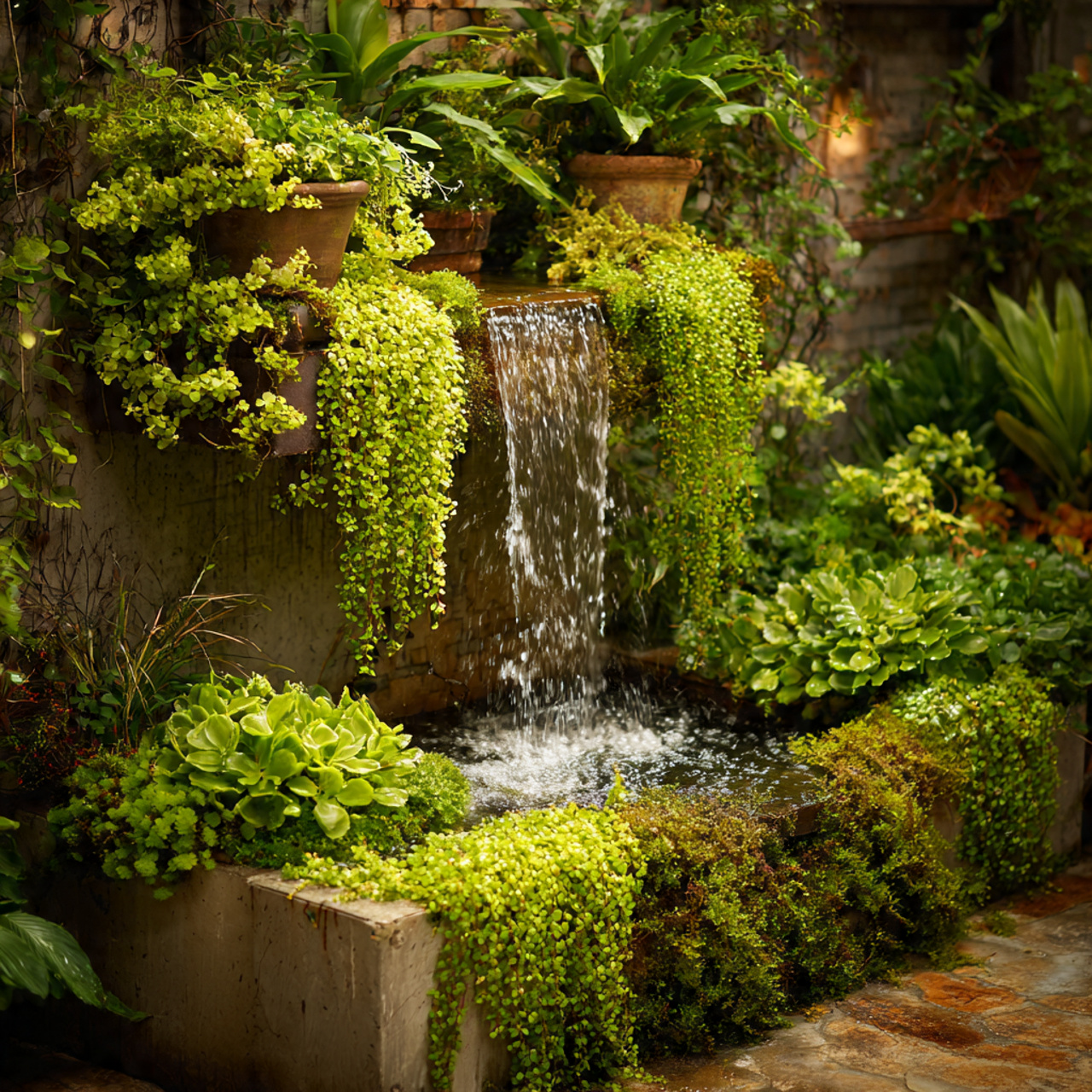 small garden waterfall integrated with plants water