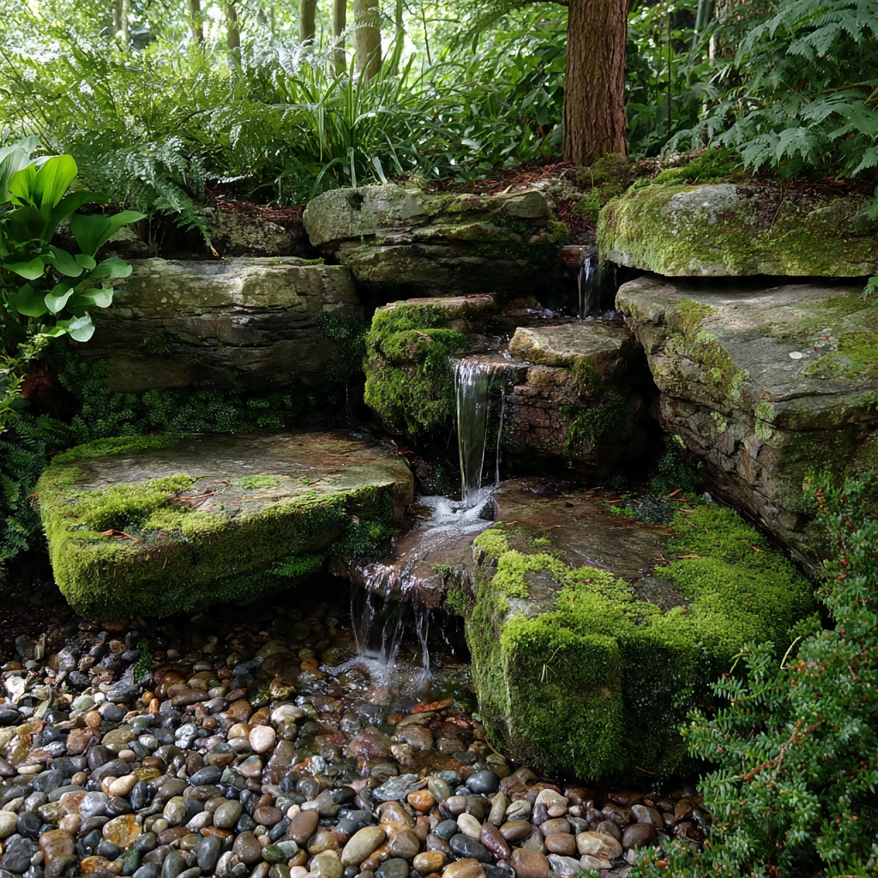 small garden waterfall with moss covered stones and