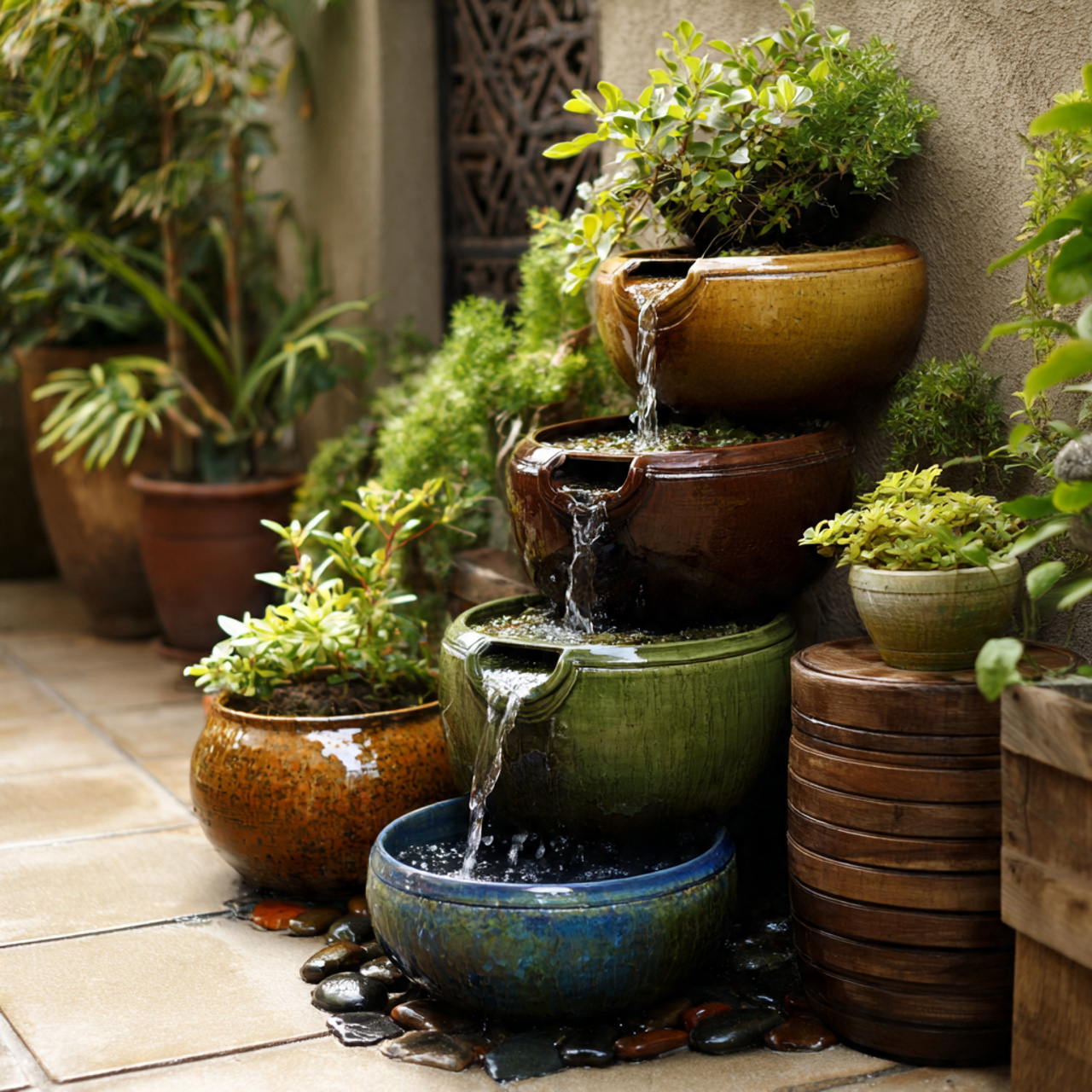stacked containers forming a small garden waterfall